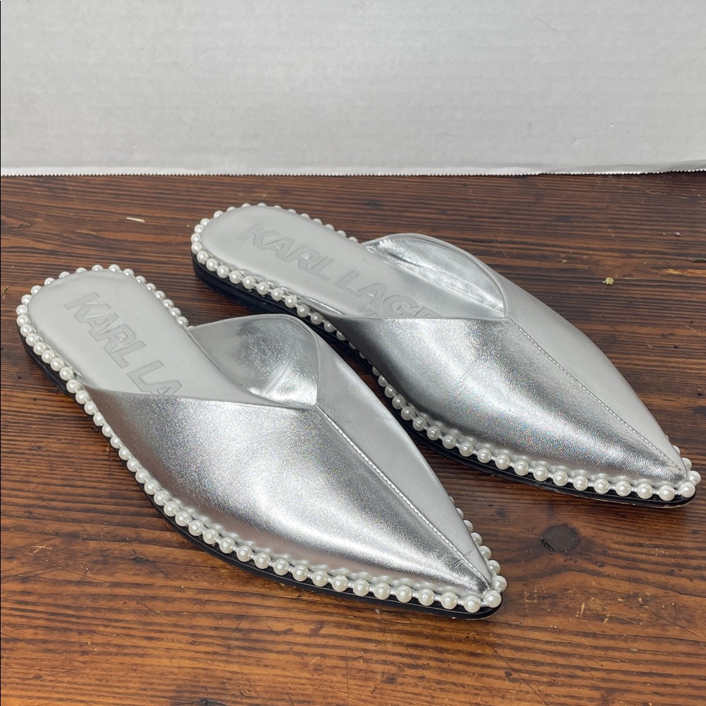 Karl Lagerfeld Vyra pearl studded silver leather pointed toe flats mules
